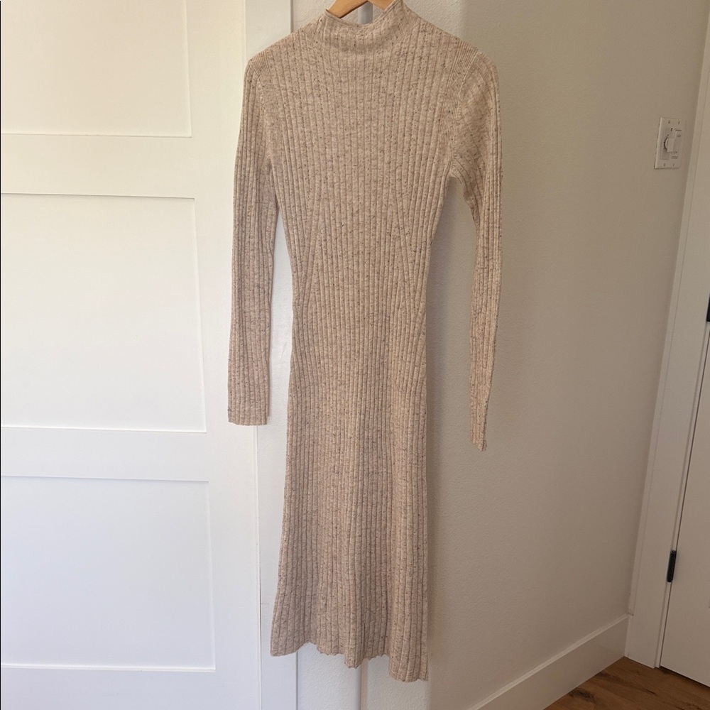 Patrizia Pepe Ribbed Mock-Neck Long-Sleeve Midi Dress in Beige
